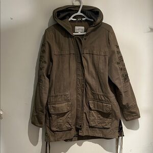 Army green Utility Hooded Jacket with Floral Embroidery